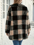 Button Down Collared Neck Plaid Teddy Coat with Pockets - CELIVINE