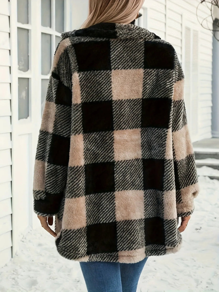 Button Down Collared Neck Plaid Teddy Coat with Pockets - CELIVINE