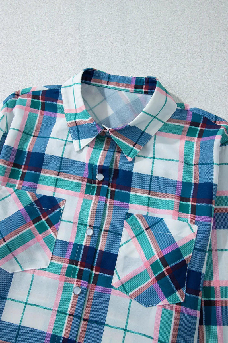 Plaid Snap Down Long Sleeve Top and Shorts Lounge Set - CELIVINE