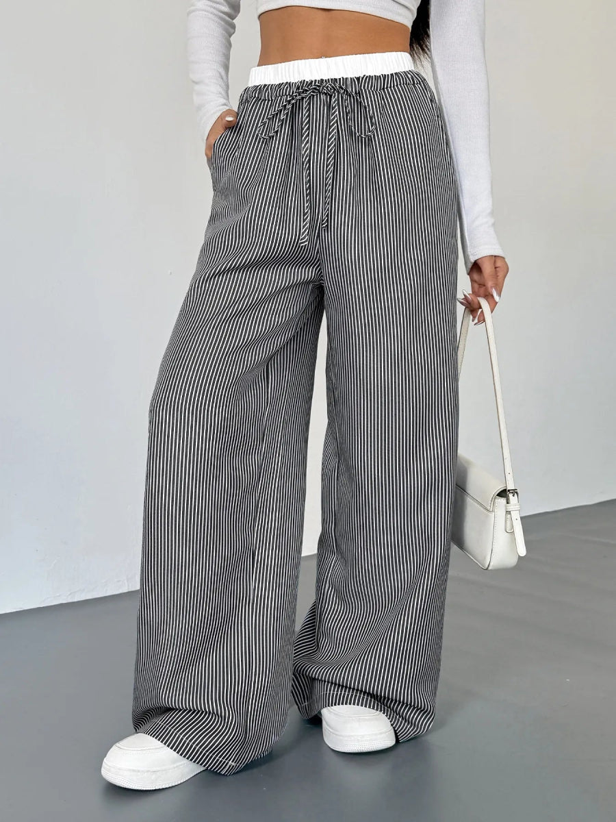 Striped Wide Leg Drawstring Pants - CELIVINE