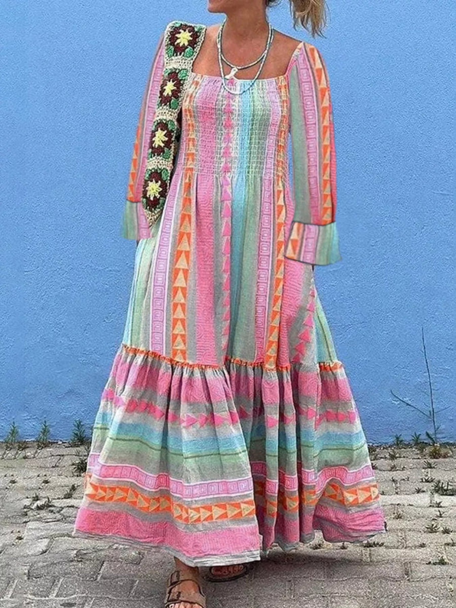 Smocked Square Neck Flounce Sleeve Maxi Dress - CELIVINE