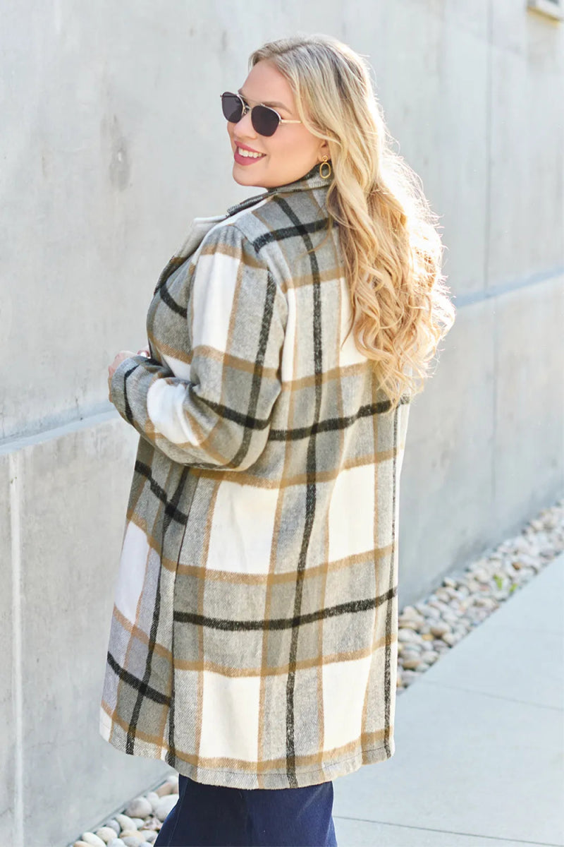 Double Take Full Size Plaid Button Up Lapel Collar Coat - CELIVINE