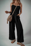 Smocked Spaghetti Straps Wide Leg Jumpsuit - CELIVINE