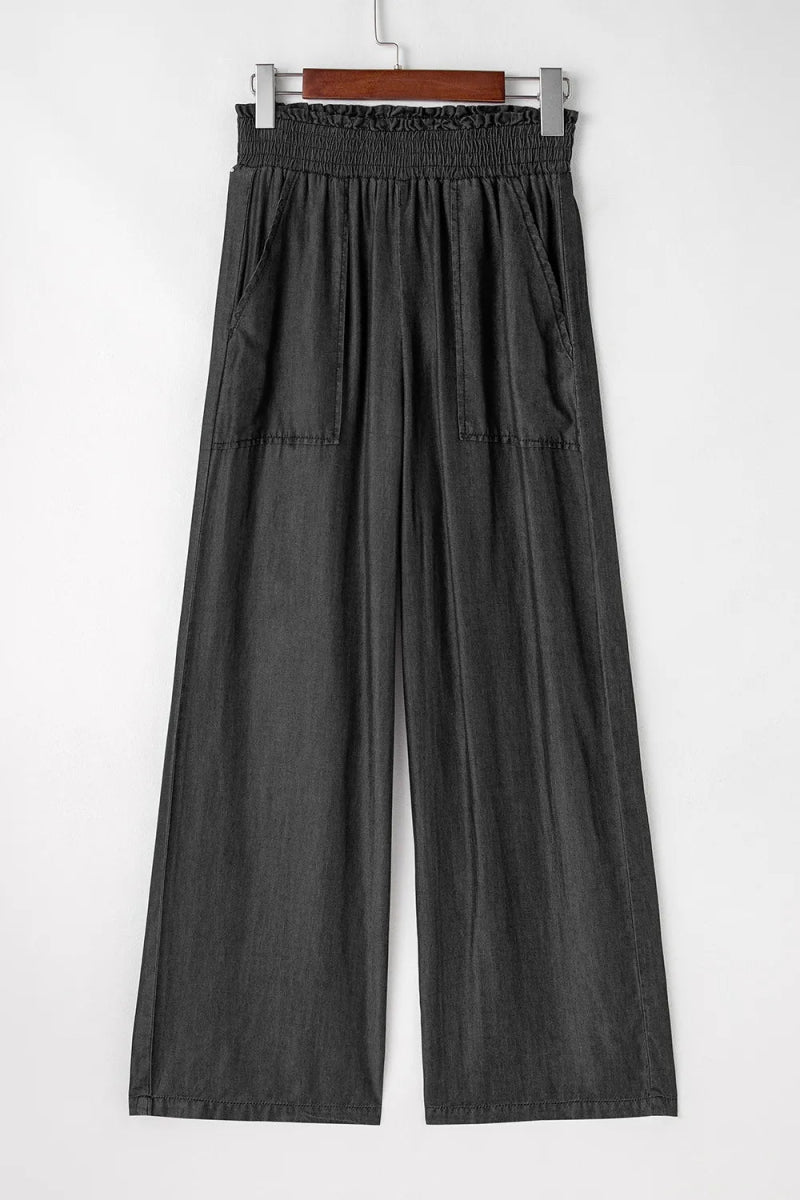 Side Pockets Frilled Smocked High Waist Wide Leg Pants - CELIVINE