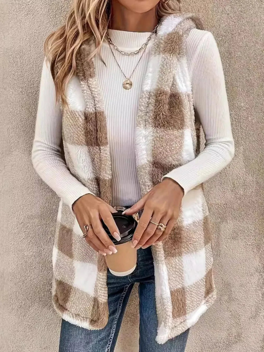 Fuzzy Plaid Hooded Vest Coat - CELIVINE