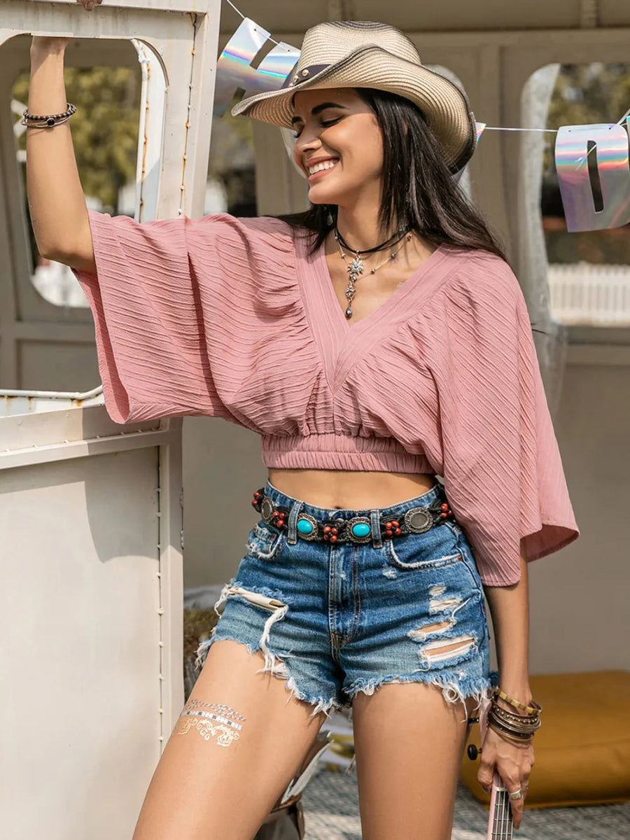 Textured V - Neck Crop Top - CELIVINE