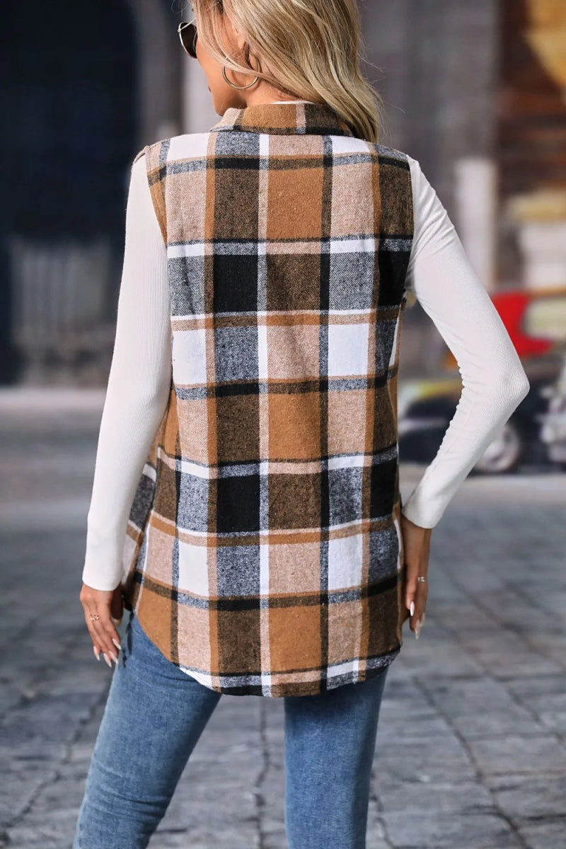 Plaid Button Up Vest Coat - CELIVINE