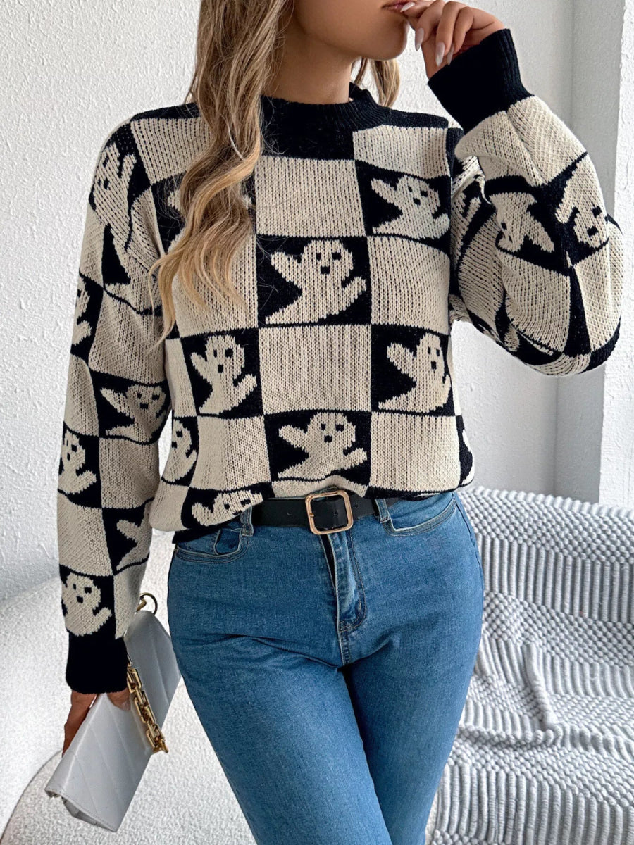 Halloween Ghost Pattern Checkered Round Neck Sweater - CELIVINE