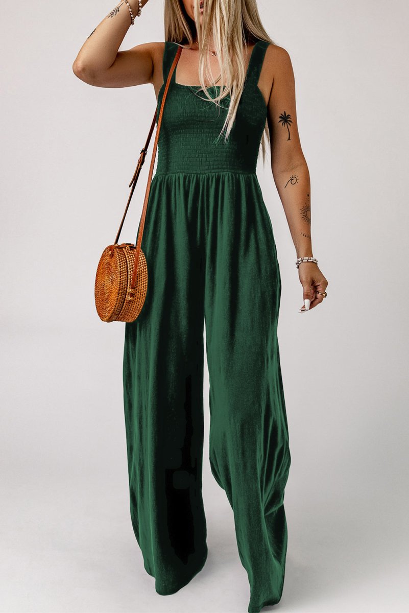Smocked Square Neck Wide Leg Jumpsuit with Pockets - CELIVINE