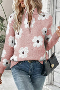 Flower Half Zip Long Sleeve Sweater - CELIVINE