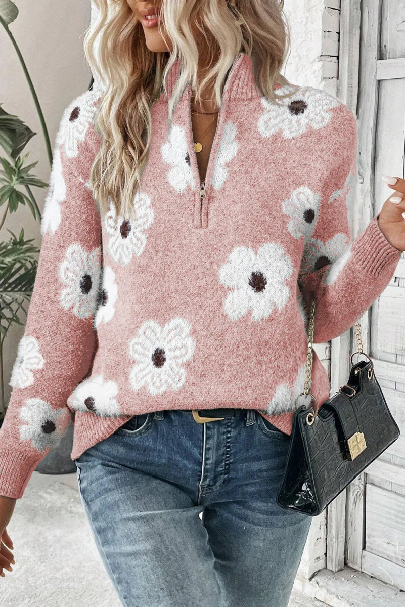 Flower Half Zip Long Sleeve Sweater - CELIVINE