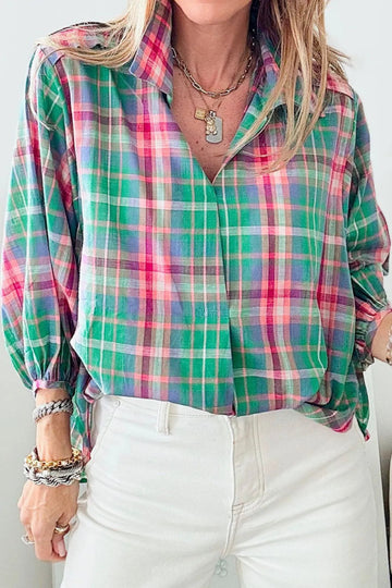 Plaid Collared Neck Three - Quarter Sleeve Shirt - CELIVINE