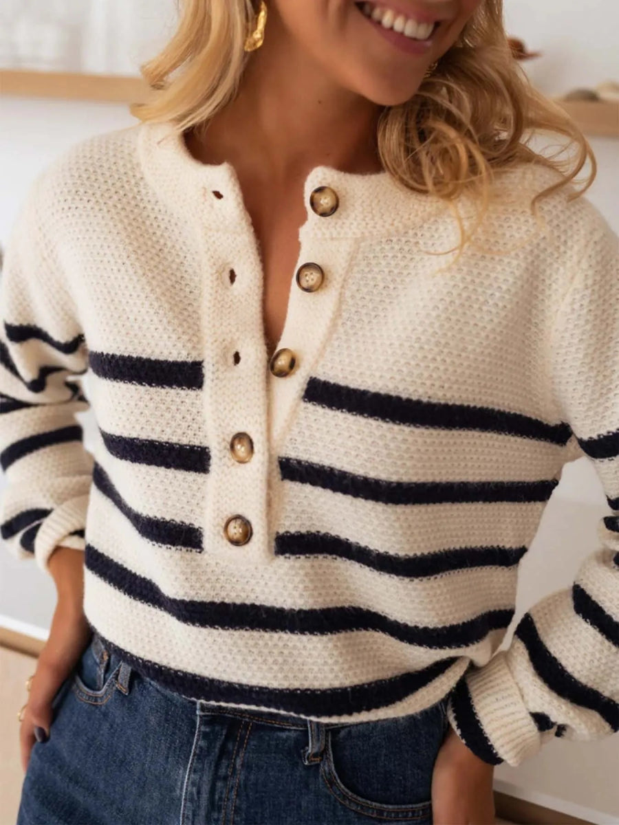 Striped Button - Front Sweater - CELIVINE