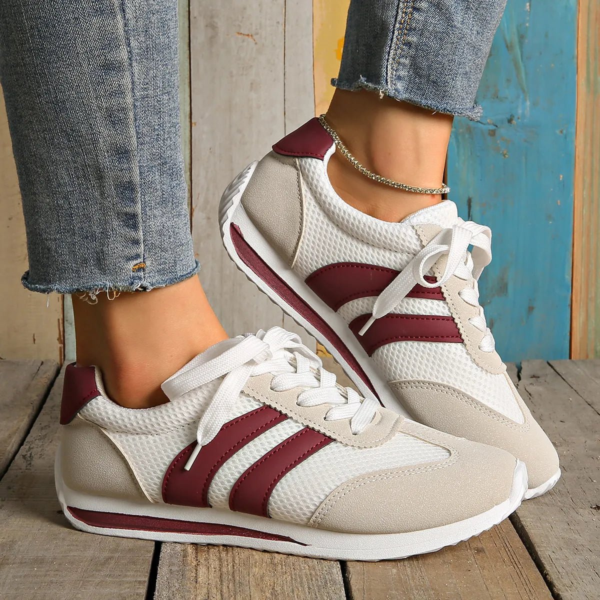 Striped Contrast Mesh Lace Up Sneakers - CELIVINE