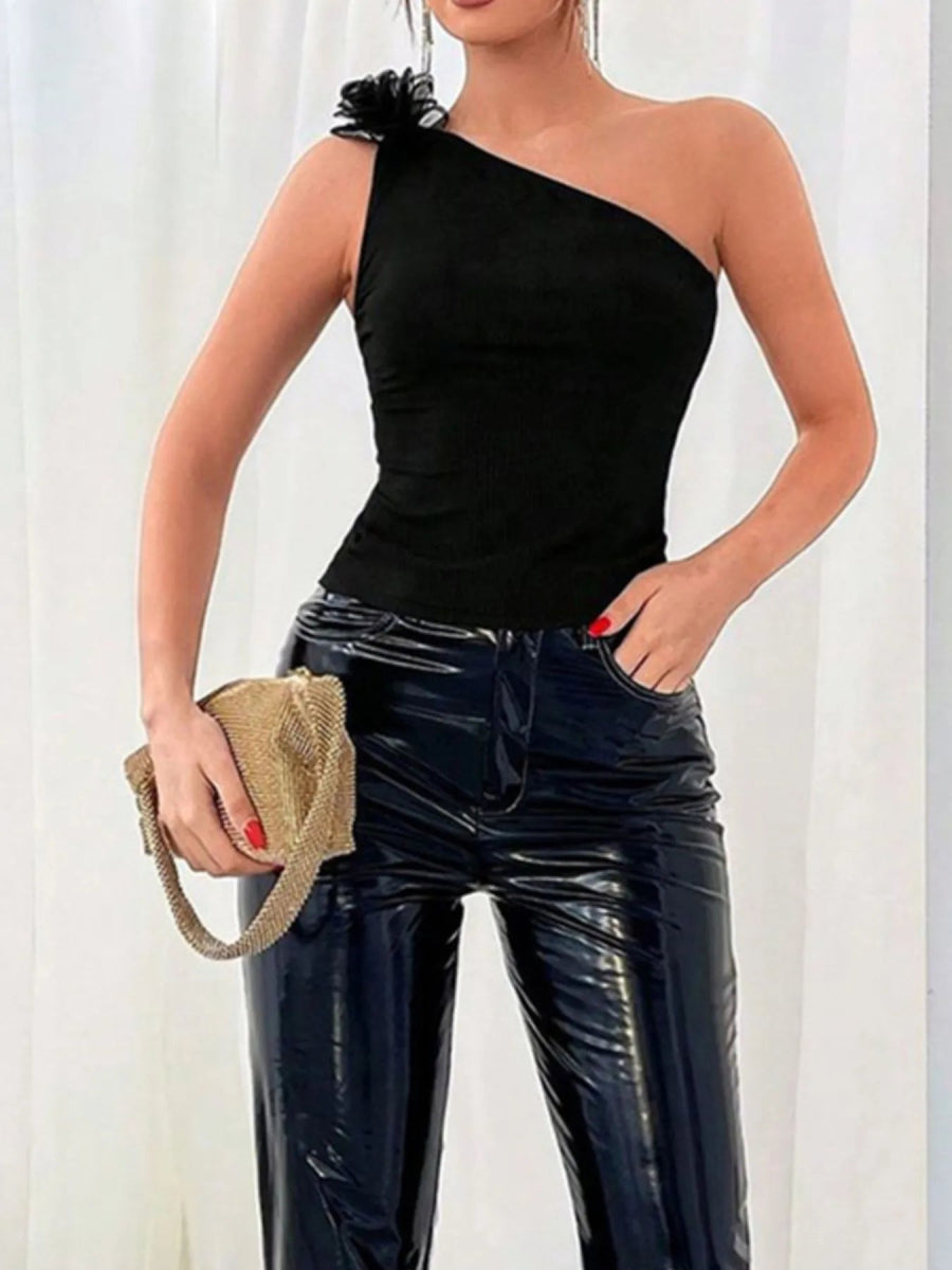 Flower Ribbed Single Shoulder Tank - CELIVINE