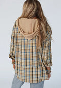 Drawstring Waffle Knit Patchwork Hooded Plaid Shacket - CELIVINE