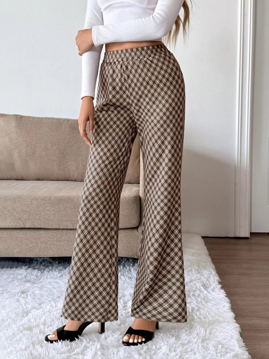 Plaid High - Waisted Wide Leg Pants - CELIVINE