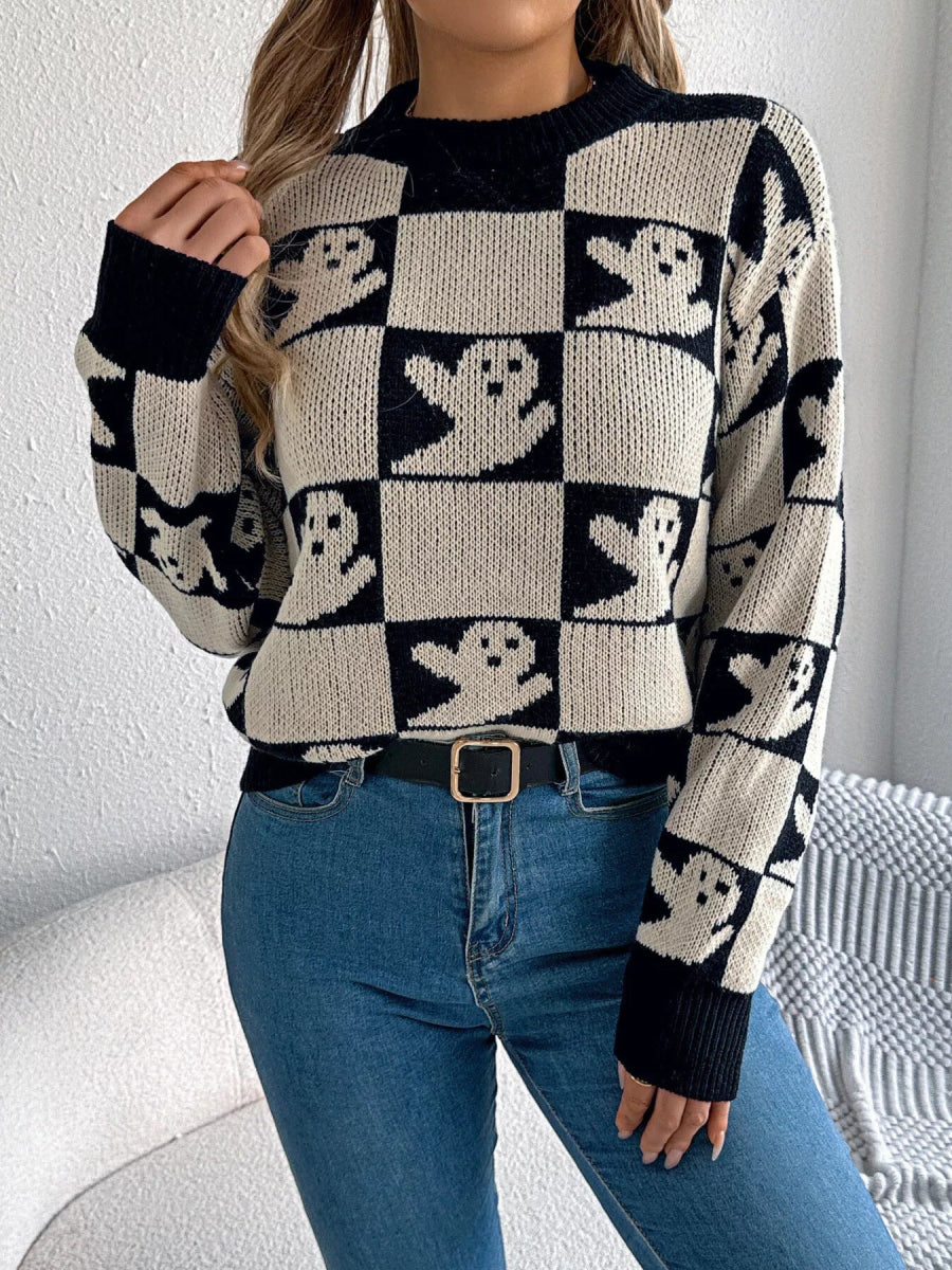 Halloween Ghost Pattern Checkered Round Neck Sweater - CELIVINE