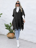 Fringe Trim Buttoned Hooded Poncho - CELIVINE
