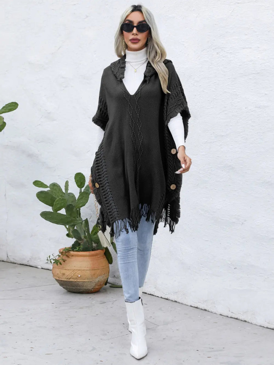 Fringe Trim Buttoned Hooded Poncho - CELIVINE