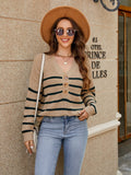 V - Neck Striped Dropped Shoulder Sweater - CELIVINE