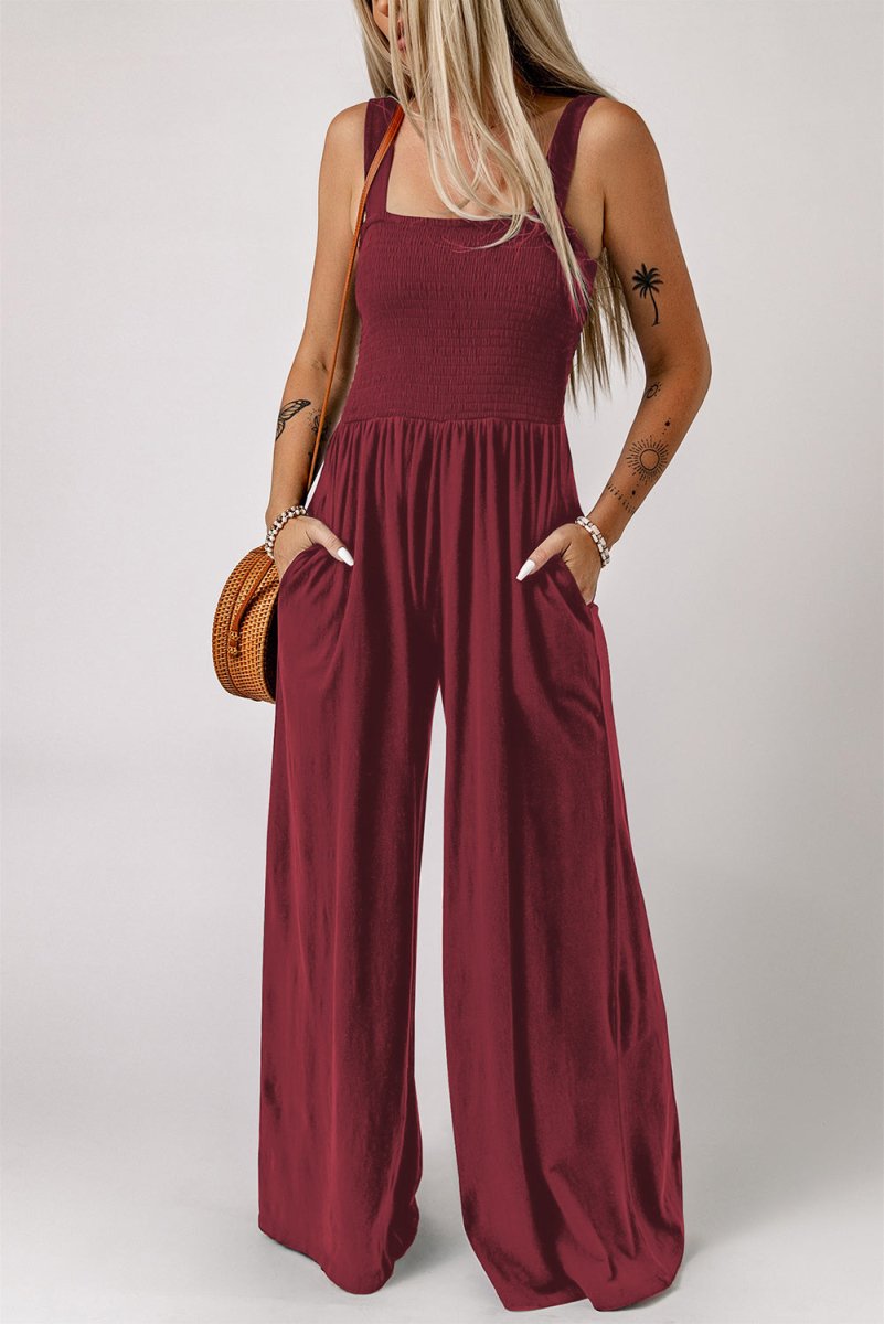 Smocked Square Neck Wide Leg Jumpsuit with Pockets - CELIVINE