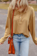 Waffle - Knit Half Button Round Neck Long Sleeve Top - CELIVINE