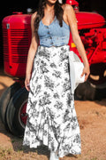 Boho Floral High Waist Ruffle Split Maxi Skirt - CELIVINE