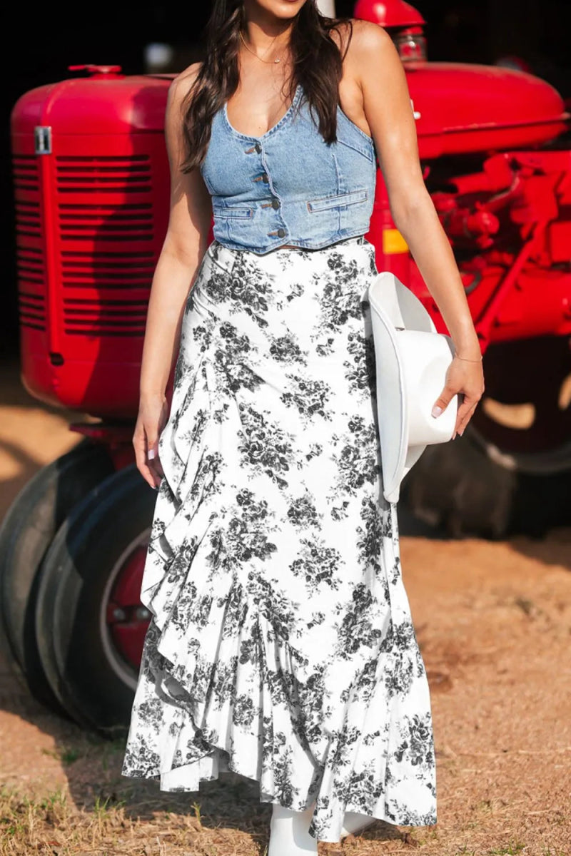 Boho Floral High Waist Ruffle Split Maxi Skirt - CELIVINE