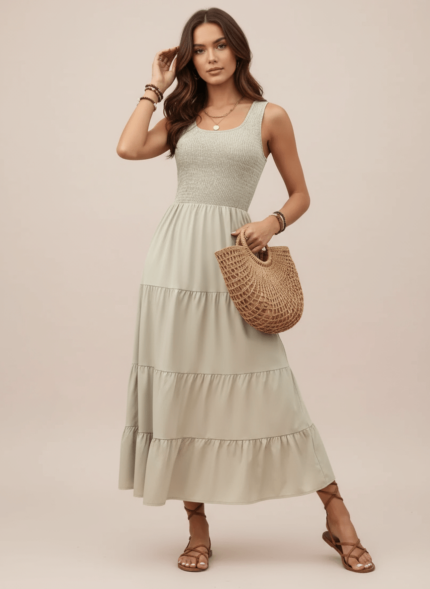 Smocked Scoop Neck Sleeveless Tank Dress - CELIVINE