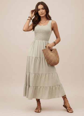 Smocked Scoop Neck Sleeveless Tank Dress - CELIVINE