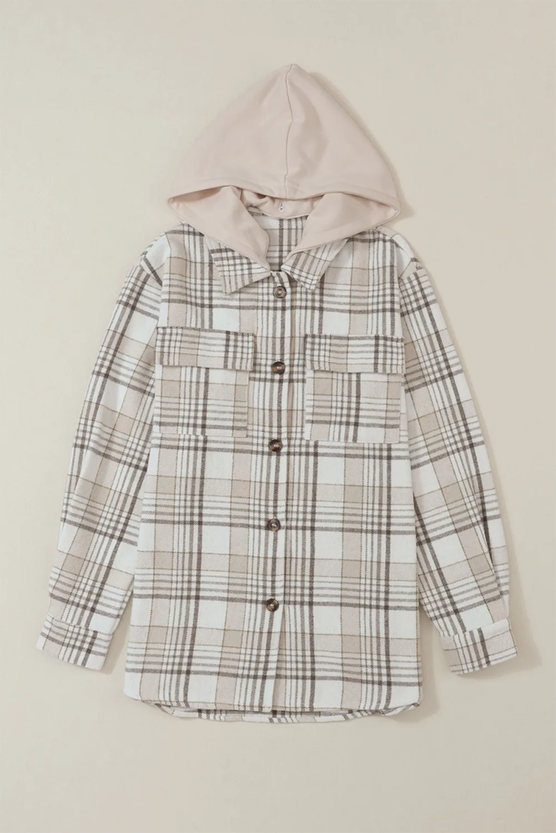 Plaid Removable Hood Button Up Shacket - CELIVINE