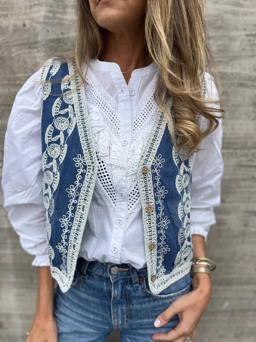 Embroidered Button Up V - Neck Vest Coat - CELIVINE