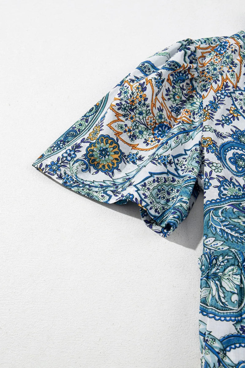 Paisley Floral V Neck Short Sleeve Mini Dress - CELIVINE