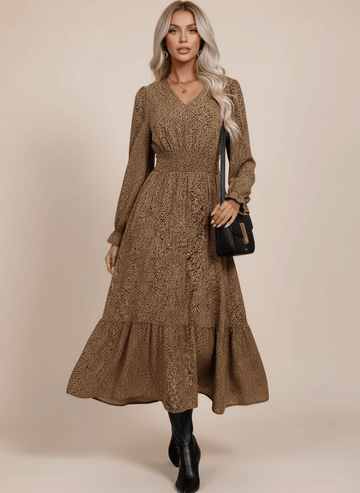 V - Neck Flounce Sleeve Ruffle Hem Dress - CELIVINE