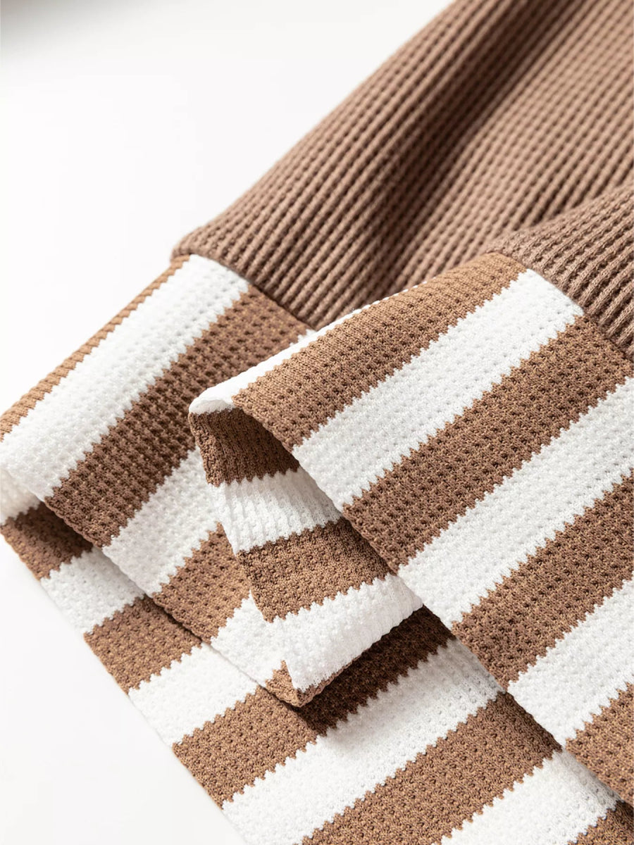 Waffle Texture Striped Patchwork Button Neck Drawstring Hoodie - CELIVINE