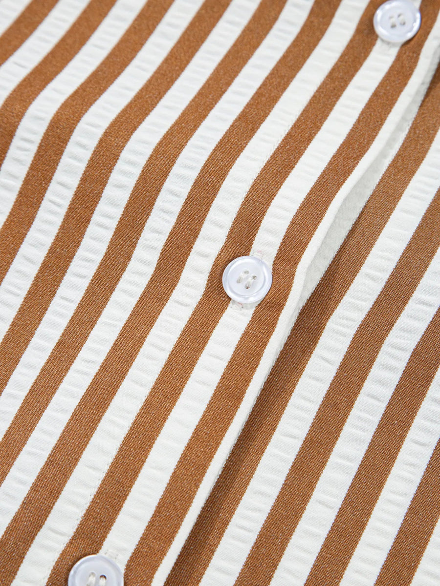 Stripe Ruffled Hem Collared Long Sleeve Shirt Mini Dress - CELIVINE