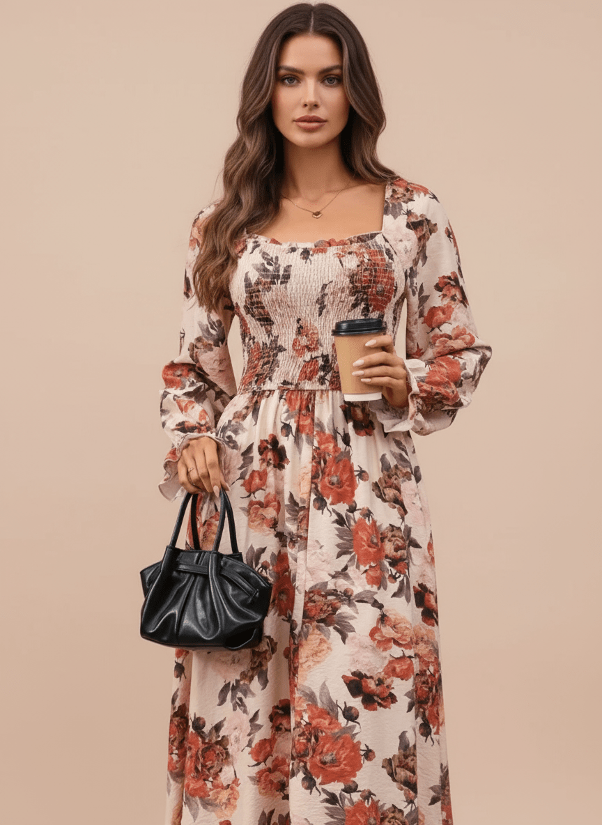 Smocked Floral Print Flounce Sleeve Dress - CELIVINE