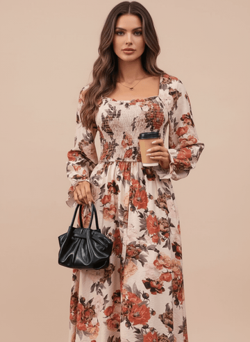Smocked Floral Print Flounce Sleeve Dress - CELIVINE