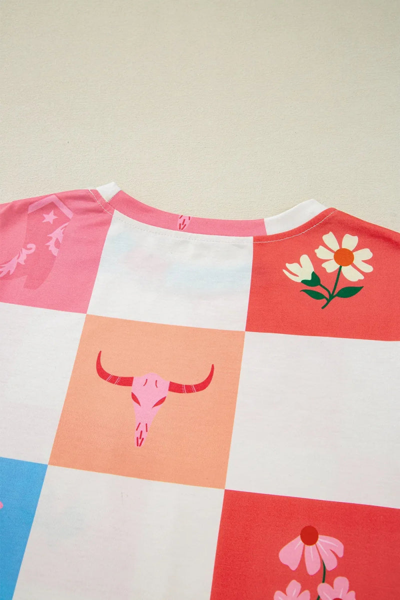 Checker Print Round Neck Short Sleeve T-Shirt - CELIVINE