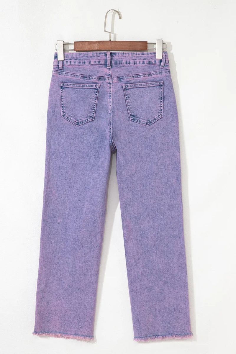 Washed Raw Hem Cropped Jeans - CELIVINE