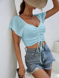 Drawstring Short Sleeve Crop Top - CELIVINE