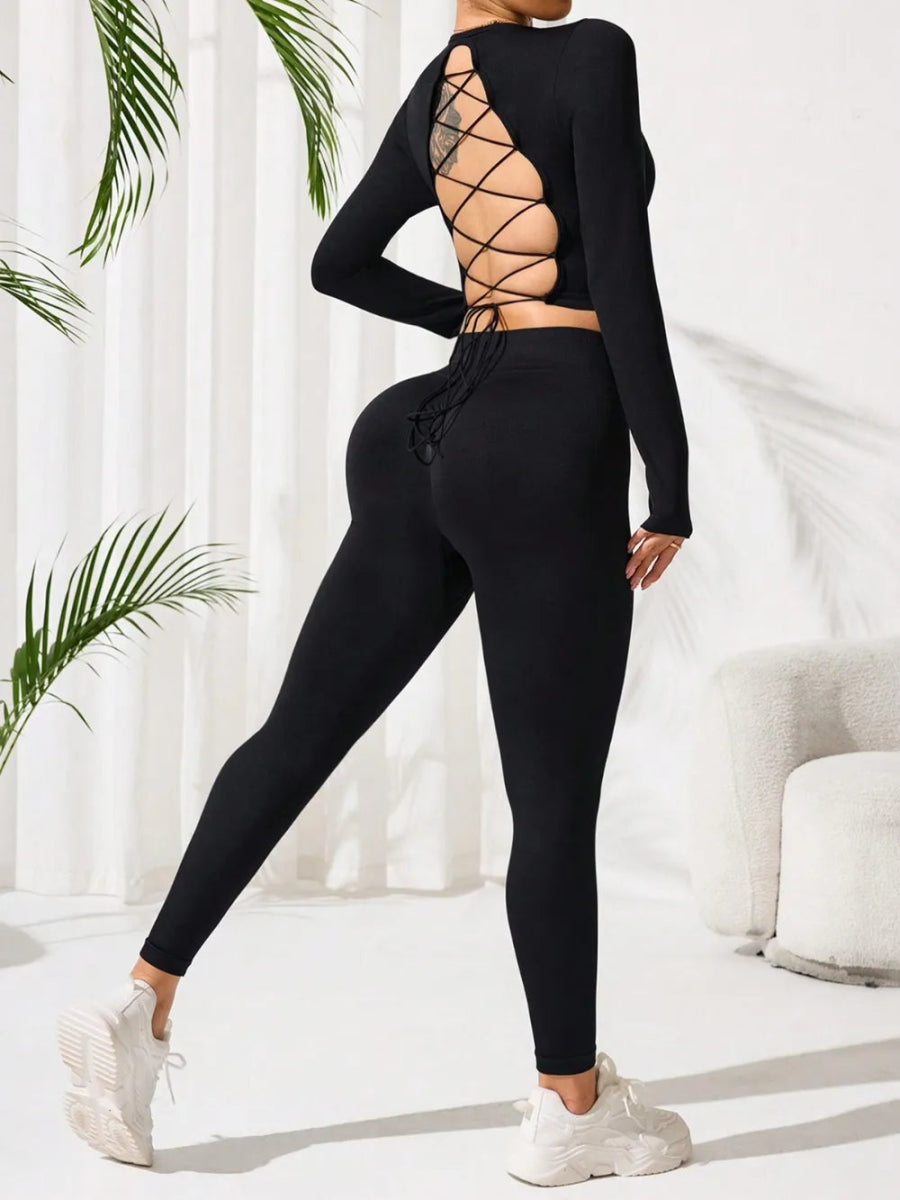 Lace - Up Back Round Neck Top and Leggings Active Set - CELIVINE