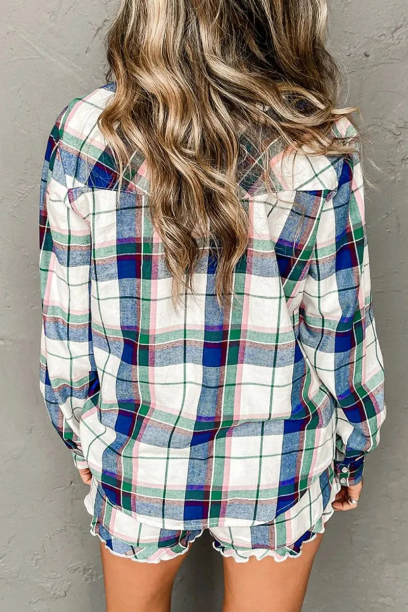 Plaid Snap Down Long Sleeve Top and Shorts Lounge Set - CELIVINE