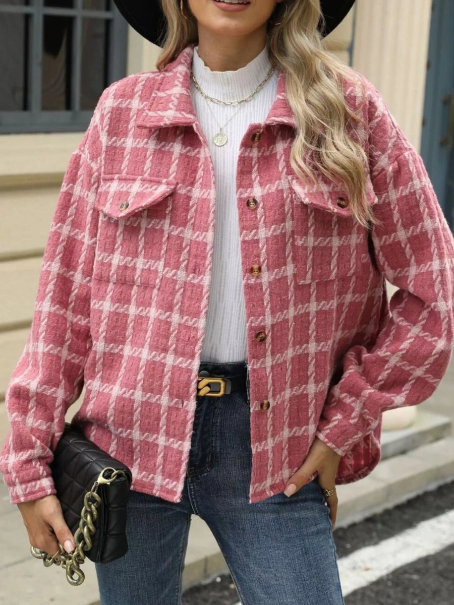 Plaid Button Up Long Sleeve Jacket - CELIVINE