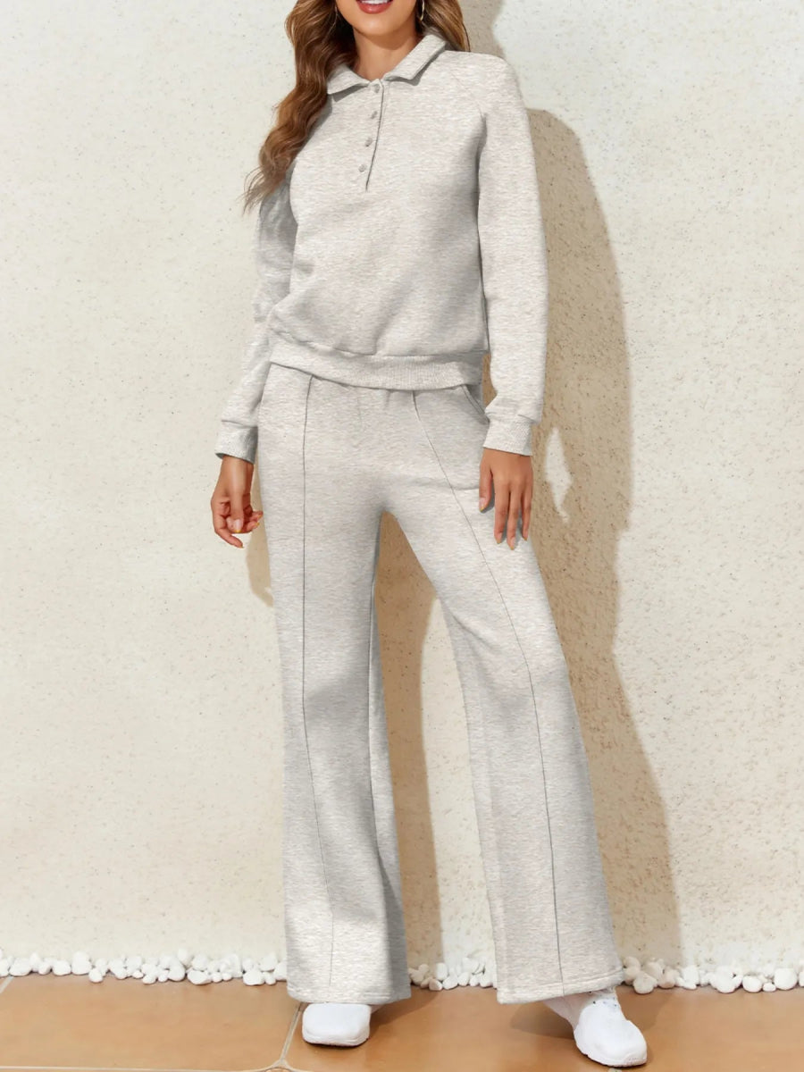 Collared Sweatshirt and High Waist Pants Active Set - CELIVINE