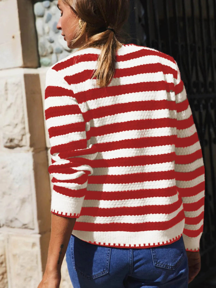 Button Down Striped Long Sleeve Cardigan - CELIVINE