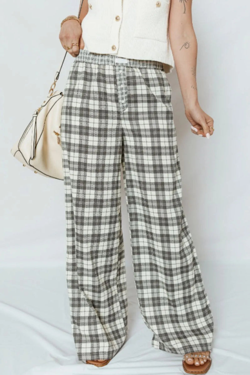 Plaid Wide Leg Pants - CELIVINE