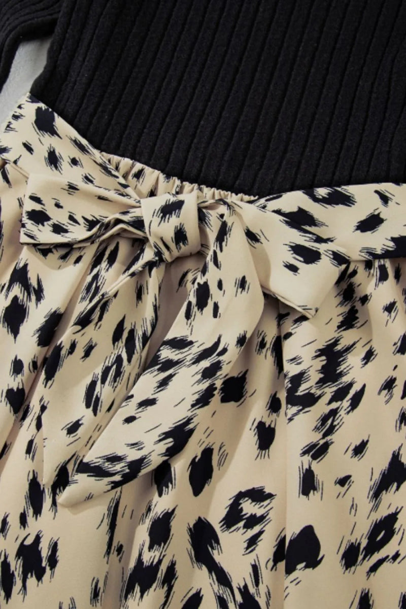 Printed Tie Waist Mock Neck Long Sleeve Dress - CELIVINE