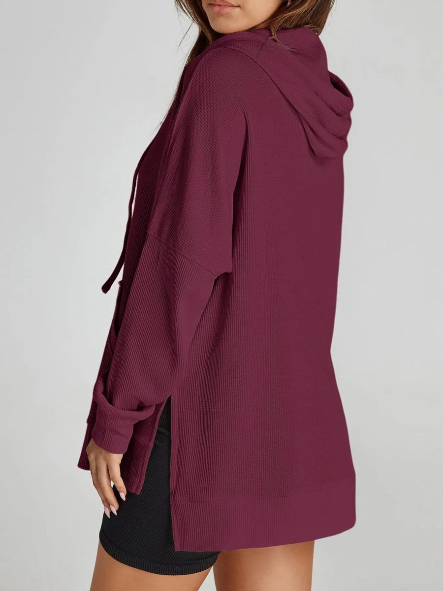 Slit Drawstring Waffle Knit Hoodie - CELIVINE